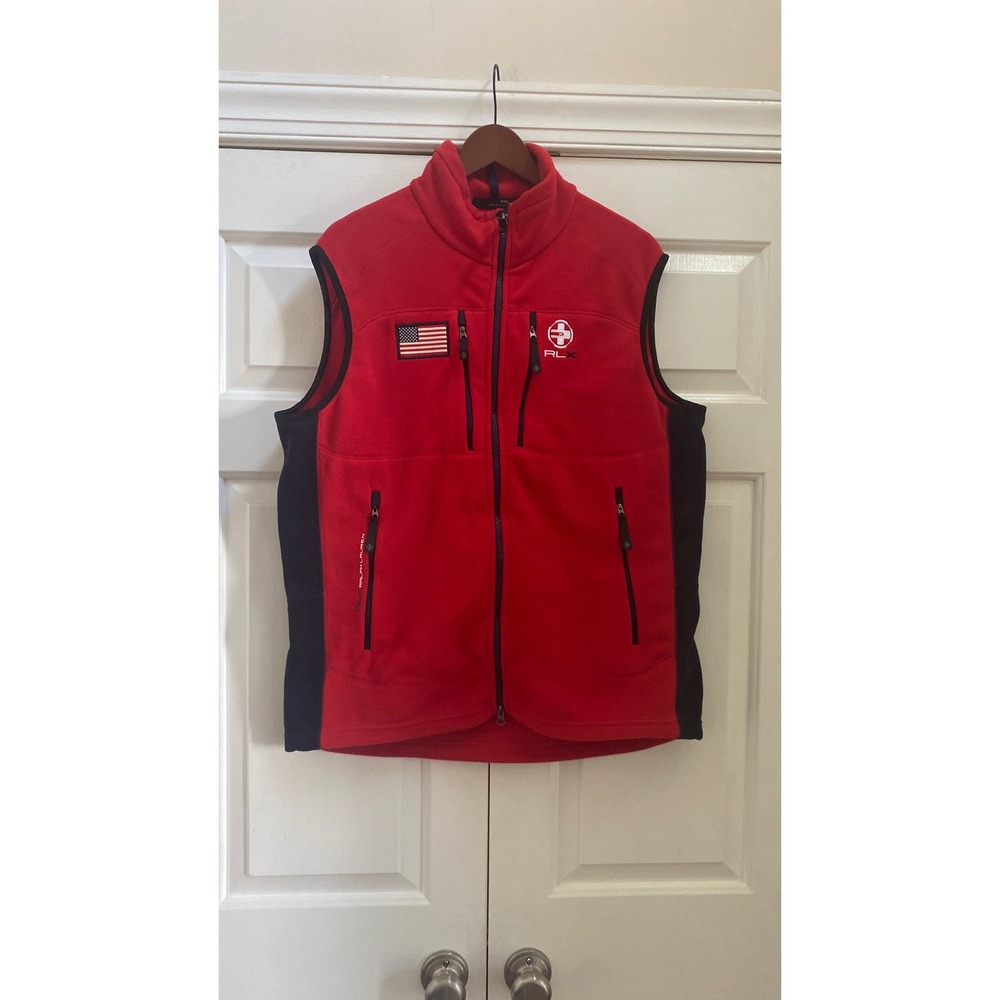 RLX Ralph Lauren Fleece Vest Men XL Red Navy USA Flag Olympic Full Zip Pockets